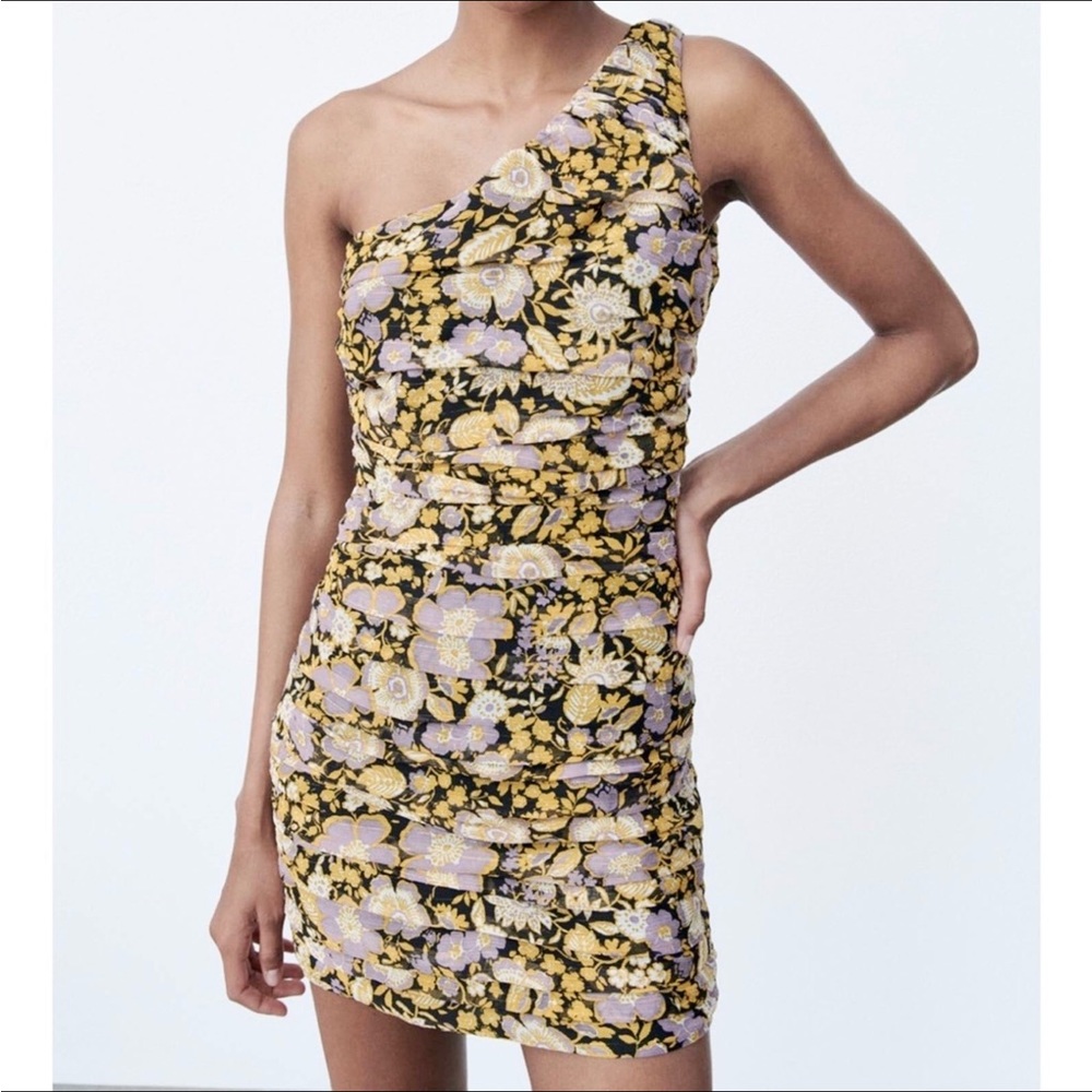 ZARA Ruched One Shoulder Mini Dress